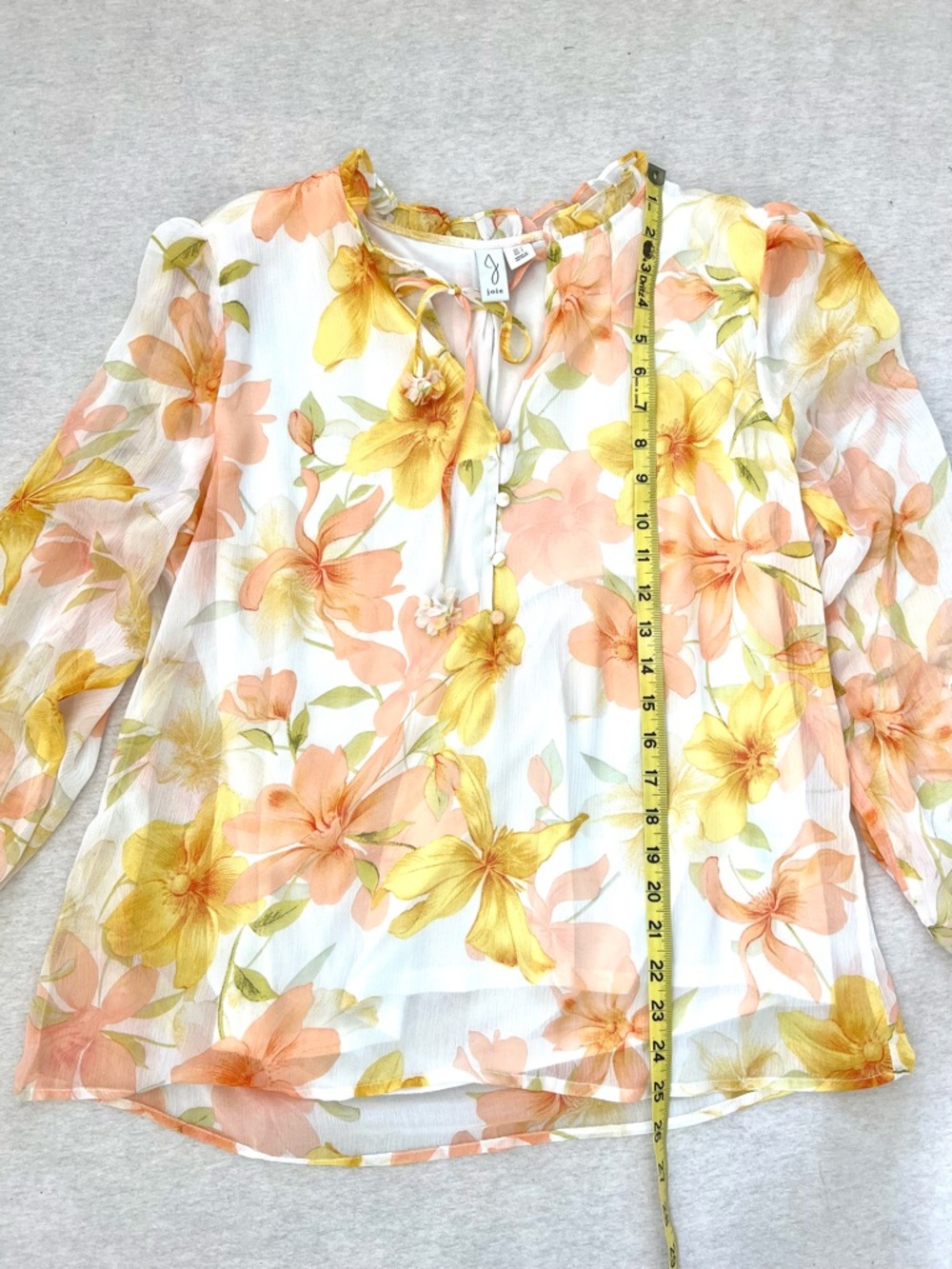 Joie Floral Tie-Neck Feminine Blouse - Yellow & Peach Hippie Indi Boho Summer - Picture 8 of 10